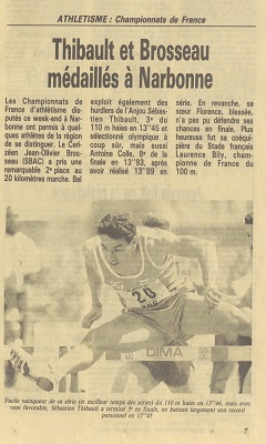 Sébastien Thibault, épreuve du 110 m. haies, lors du championnat de France à Narbonne, extrait du Courrier de l’Ouest du 29 juin 1992.