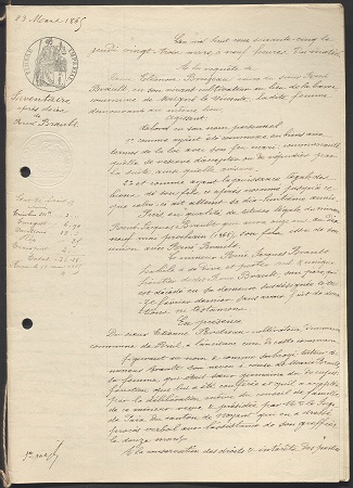 Inventaire après décès de René Brault par Me Bigot, notaire à Parçay-les-Pins, 23 mars 1865. 